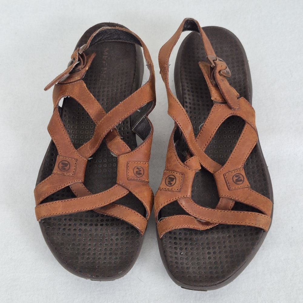 Merrell Agave Autumn Sz 7 Tan Leather Strappy Sandals Outdoors Crunchy Walking